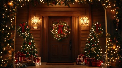 Festive Christmas porch, illuminated at night, gifts, trees