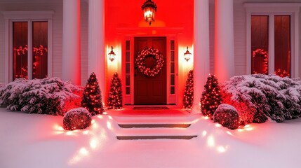 Festive home entrance, snowy night, red lights, Christmas wreath, holiday decor, greeting card