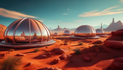 futuristic dome shaped structures on a red desert landscape resembling a martian habitat