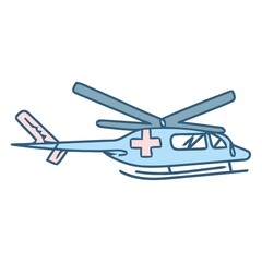 Light blue and pink cartoon medical helicopter with a cross symbol, representing emergency services, air ambulance, and rescue.