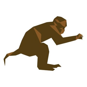 Geometric low-polygon illustration of a brown monkey in a dynamic pose, ideal for concepts of nature, wildlife, or abstract art.