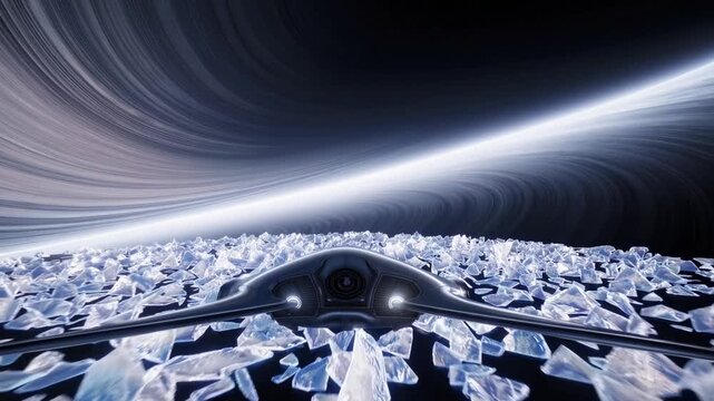 cockpit view soaring above fractured ice crystals toward sweeping planetary rings, futuristic cold palette with reflective shards and dramatic curved horizon suggesting cosmic voyage