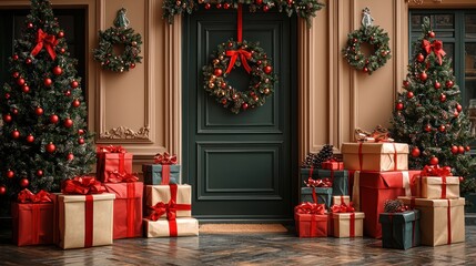 Christmas decorations on a house facade. Presents, wreaths.  Possible use Stock photo