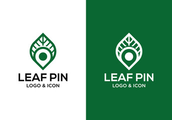 simple leaf logo icon design vector with location pin clean and modern style