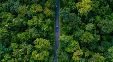 Road through the Green Canopy: A lone vehicle travels along a winding road, cutting through a dense, vibrant green forest canopy, evoking a sense of adventure and the beauty of natural exploration.