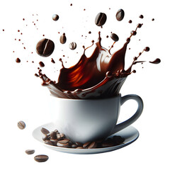 Coffee Splash in White Cup with Roasted Coffee Beans on Transparent Background