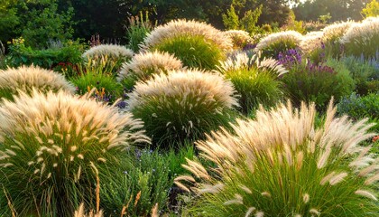Golden Ornamental Grasses Swaying in the Warm Sunlight of a Lush Garden.