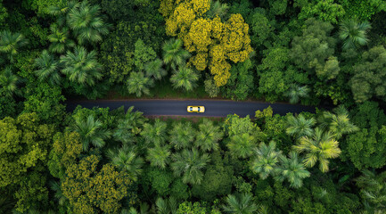 Road Through Green Paradise: A bird's-eye perspective reveals a road winding through a vibrant, verdant jungle, traversed by a solitary car.