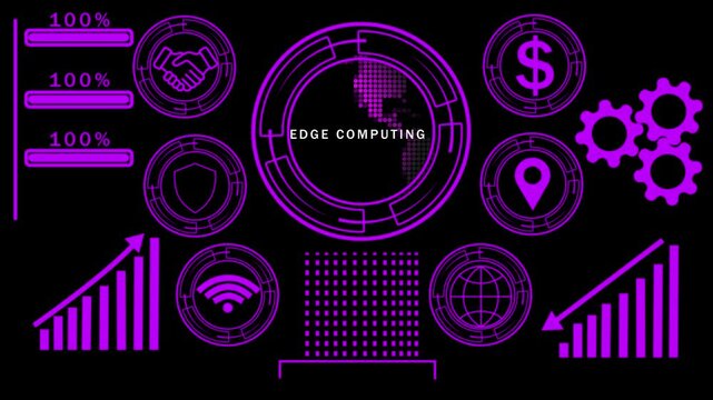 Futuristic Digital Interface Displaying Edge Computing Concepts with Global Network and Financial Icons