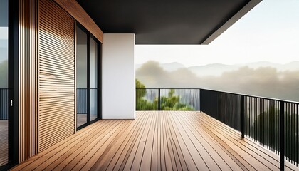 architectural minimalist balcony wooden frame black railing white wall light wood floor