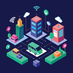 Obraz premium Isometric smart city illustration with connected transport and buildings