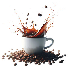 Coffee Splash in White Cup with Roasted Coffee Beans on Transparent Background