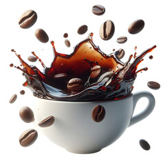 Coffee Splash in White Cup with Roasted Coffee Beans on Transparent Background