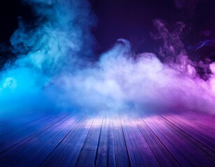 dark empty stage filled with billowing clouds of vibrant blue and purple smoke