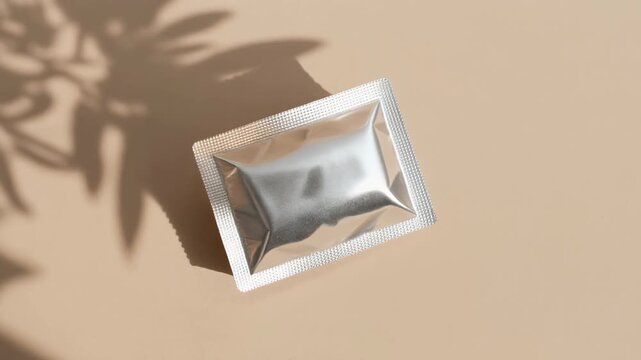 Small silver foil sachet with product sample on a beige background with plant shadows.