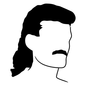 Retro 80s hairstyle silhouette of a man with a mullet and mustache