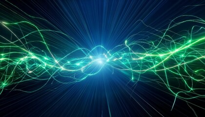 abstract glowing green electrical energy lines and sparks against a dark blue background suggesting power and connectivity