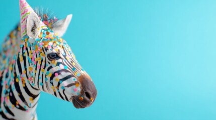 Zebra with colorful dots on its body in front of a blue background
