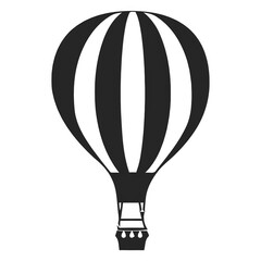 Black and white hot air balloon silhouette icon with striped envelope and basket isolated on white background.