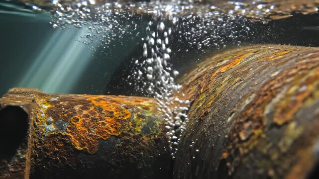 Rusty pipe with bubbles underwater
