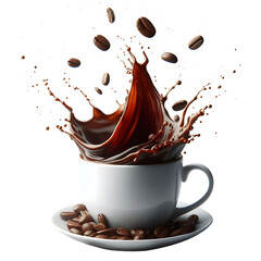 Coffee Splash in White Cup with Roasted Coffee Beans on Transparent Background