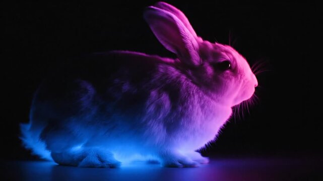 A white rabbit bathed in vibrant neon pink and blue light against a dark background, creating a surreal and mystical atmosphere