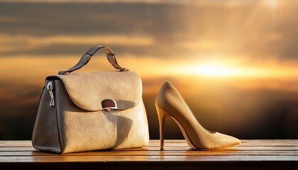 elegant beige leather handbag and high heel shoe on wood bathed in golden light