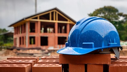 raindrops on a safety blue helmet placed on a pile of bricks against the background of a house under construction construction site construction problem concept