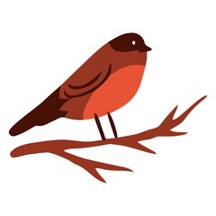 Cute flat illustration of a small brown bird perched on a tree branch, minimalist nature and wildlife design