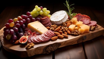 abundant gourmet charcuterie board on rustic live edge wood cheeses salami grapes almonds rosemary