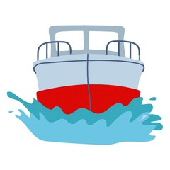 Front view illustration of a motorboat cruising through blue ocean waves, maritime travel and nautical transport icon