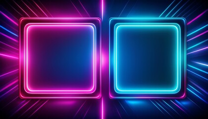 two vibrant neon rectangular frames with blue and pink gradient glows on a dark abstract background