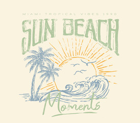 Hand Drawn Vintage Summer graphic tee. sunshine beach artwork. big waves under the sun hand made font. graphic tee. summer t-shirt design.