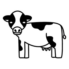 Simple black and white cartoon cow illustration, farm animal line art for children and agriculture concepts