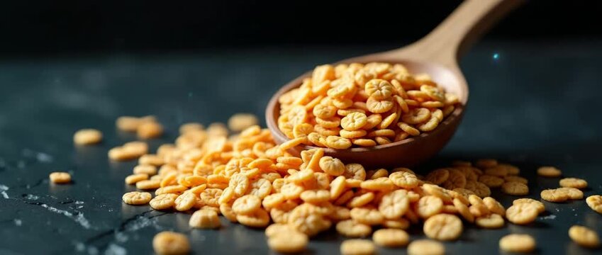 Close up macro shot of multigrain flakes cascading from wooden spoon onto dark slate surface highlighting texture and color contrast for cereal food photography in  Photo Stock  Concept  and empty spa