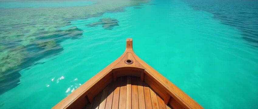 Close up of wooden boat prow cutting through shallow turquoise lagoon waters with vibrant coral reefs visible beneath transparent surface in  Photo Stock  Concept  and empty space on the left side