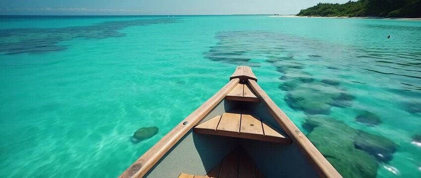 Close up of wooden boat prow cutting through shallow turquoise lagoon waters with vibrant coral reefs visible beneath transparent surface in  Photo Stock  Concept  and empty space on the left side