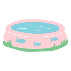 Pink Inflatable Kiddie Swimming Pool with Blue Fish Pattern on Green Grass