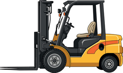 Yellow forklift side view with lifting forks and operator seat – industrial vehicle by flavector © Jomila