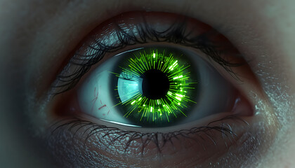 Macro Close-up of Futuristic Bionic Human Eye with Glowing Green Digital Iris and Cybernetic Circuitry Interface