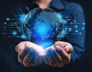 hands holding globe with network connecting data of telecommunications infrastructure digital networks wireless technologies facilitating global communication information exchange connectivity