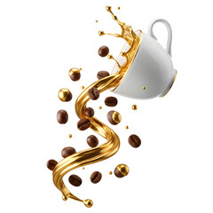 Creative Coffee Concept with Golden Liquid Splash, Flying Roasted Coffee Beans and White Ceramic Cup on PNG Background