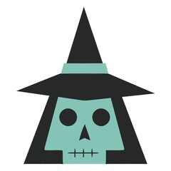 Fun flat illustration of a teal skull wearing a black witch hat, spooky Halloween character design