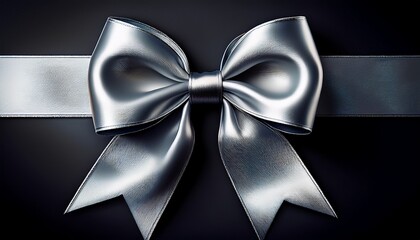 a beautiful shiny silver satin ribbon tied in a perfect bow on a plain black background
