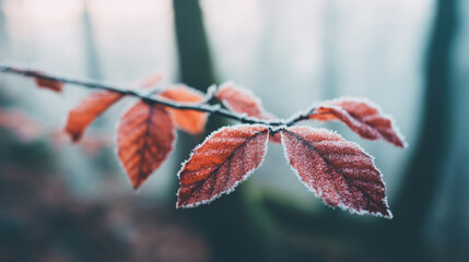 Frost covers red leaves on a branch in a foggy forest during early morning