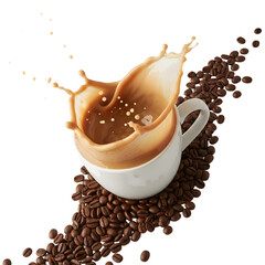 Coffee Splash in White Cup with Roasted Coffee Beans on Transparent Background