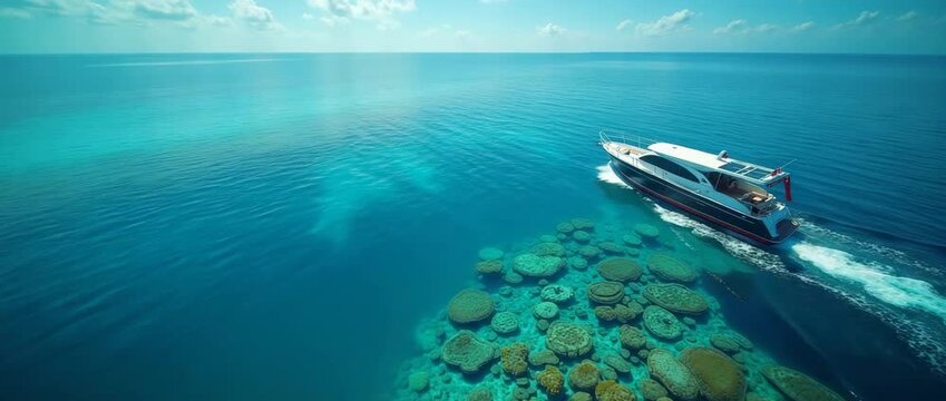 Luxurious yacht glides over vibrant coral reefs in tranquil turquoise waters, while the camera gently pans across the serene seascape, capturing the cinematic beauty of marine exploration.