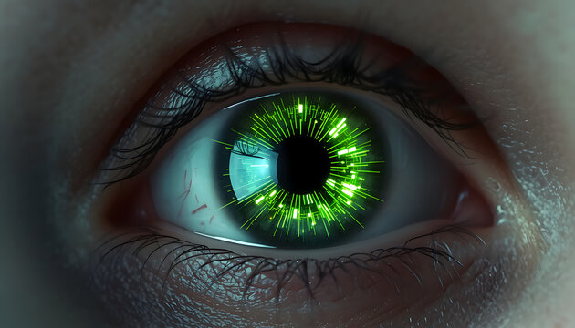Macro Close-up of Futuristic Bionic Human Eye with Glowing Green Digital Iris and Cybernetic Circuitry Interface - Powered by Adobe