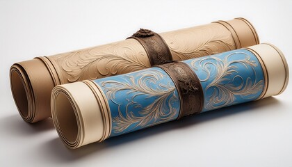 two rolled vintage scrolls in beige and blue on white background