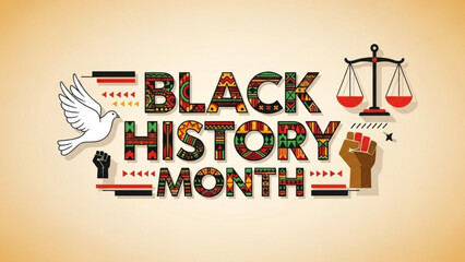 Vibrant black history month celebration graphic with dove, fists, and scales on beige background, symbolizing freedom, equality, and justice